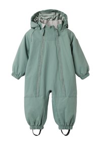 Groene waterdichte baby-sneeuwpak met capuchon, elastische manchetten, dubbele ritssluiting aan de voorkant en voetbanden voor een veilige pasvorm.