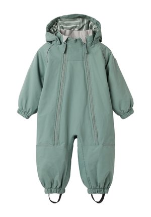 Grüner kapuzenförmiger wasserdichter Baby-Schneeanzug mit elastischen Bündchen, doppelten Reißverschlüssen vorne und Fußschlaufen für einen sicheren Sitz.