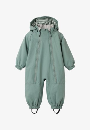 Groene waterdichte baby-sneeuwpak met capuchon, elastische manchetten, dubbele ritssluiting aan de voorkant en voetbanden voor een veilige pasvorm.