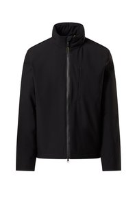 Giacca leggera nera con collo alto, cerniera frontale e tasca sul petto. Il tessuto è liscio con finitura opaca.