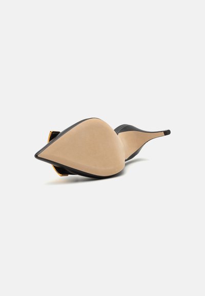 Kengät, joissa on terävä kärki, tyylikäs musta ulkosivu, sileä vaalea sisäpohja ja kapea, elegantti korko. Minimalistinen muotoilu ilman näkyviä koristeita.