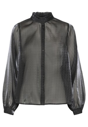 Schwarze, durchsichtige Bluse mit hohem Kragen, langen Puffärmeln, Knopfleiste und strukturiertem Hundezahn-Muster. Glattes Material mit leichtem Glanz.