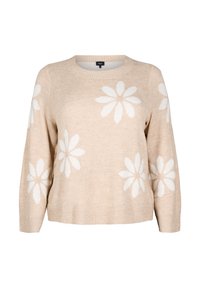 Beige Pullover mit weißen Gänseblümchenmustern, Rundhalsausschnitt und langen Ärmeln. Weicher Stoff mit geripptem Saum und Bündchen.