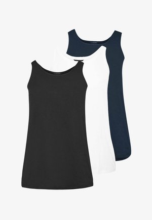 Drie mouwloze tanktops in zwart, wit en marineblauw, gelaagd met zwart aan de voorkant en marineblauw aan de achterkant.