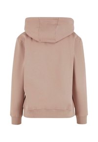 Hanorac roz din fleece, cu buzunar kangaroo, manșete din material ribbat și glugă cu șnur. Fabricat dintr-un material moale și neted, cu o croială lejeră.
