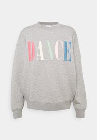 Gray sweatshirt with a relaxed fit, featuring multicolored "DANCE" lettering in pink, white, green, and blue. Made of soft fabric.