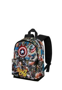 Sac à dos avec un imprimé coloré de bande dessinée mettant en scène des personnages et un texte audacieux. Bretelles et fond noirs ; poche zippée ronde à l'avant.