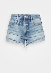 Jeansshorts i ljusblått med en blekt tvätt, fransade kanter och fem fickor. Har knappstängning och bälteshällor.