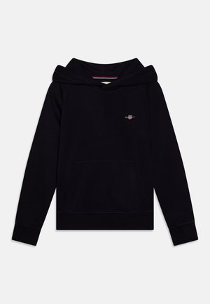 Sweat à capuche noir avec une poche frontale, doté d'un logo brodé. Tissu lisse avec des poignets et un ourlet côtelés.