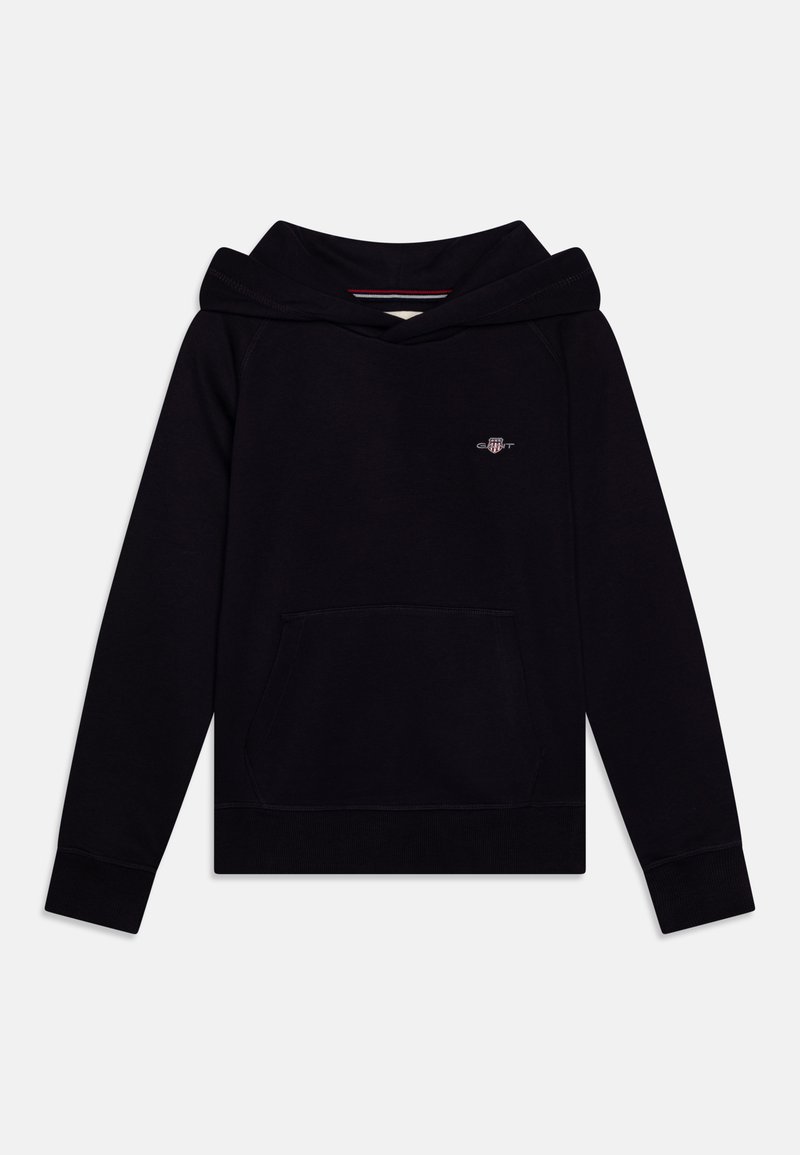 Mustan hupparin, jossa on etutasku ja brodeerattu logo. Sileä kangas, jossa on ribbestetty hihansuut ja helma.