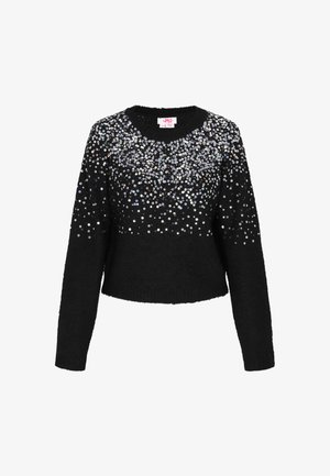 Czarny, krótki sweter z okrągłym dekoltem i długimi rękawami, ozdobiony srebrnymi cekinami ułożonymi w ombre na przodzie.