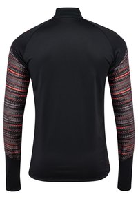 Svart långärmad topp med mönstrade ärmar i röd och grå rand. Hög krage, gjord av elastiskt material för komfort.