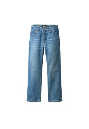 Blå straight-leg denimjeans med fem lommer, knaplukning og falmede vandrette linjer ved den øverste lårdel.