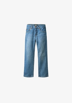 Blå straight-leg denimjeans med fem lommer, knaplukning og falmede vandrette linjer ved den øverste lårdel.