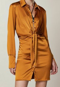 Abito a maniche lunghe, con bottoni, in satin color ambra intenso, dotato di una vita legata e di un orlo corto con bottoni discreti. Tessuto morbido e vestibilità su misura.