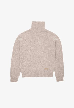 Hellbeiger Rollkragenpullover mit gerippten Bündchen und Saum, aus weichem strukturiertem Stoff gefertigt. Verfügt über ein kleines Markenschild nahe dem unteren Saum.