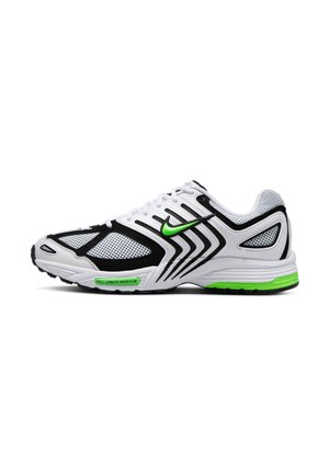 Zapatilla deportiva blanca y negra con paneles de malla, acentos verdes, diseño elegante y suela de goma. Presenta el logo de Nike en el lateral.