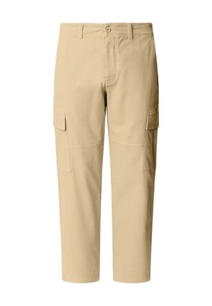 Pantaloni cargo color khaki chiaro con taglio dritto, dotati di tasche laterali, chiusura con bottone frontale e una texture in tessuto morbido e durevole.