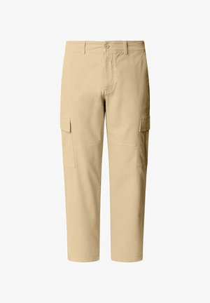 Jasno khaki spodnie cargo o prostym kroju, z bocznymi kieszeniami, zapięciem na guzik z przodu oraz miękką, trwałą strukturą materiału.
