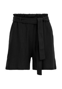 Černé šortky vyrobené z texturované látky, se nařaseným pasem a odpovídajícím opaskem. Design je volný, bez kapsiček.