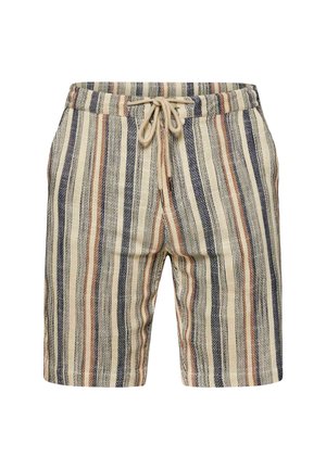 Pantalones cortos de lino a rayas en colores beige, azul y óxido, con cinturilla elástica y cordón. Presentan un ajuste suelto y casual, y textura.