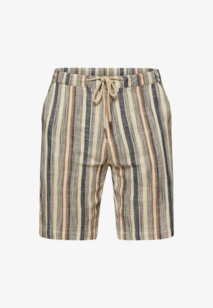 Gestreifte Leinen-Shorts in Beige-, Blau- und Rosttönen mit einem elastischen Bund und Kordelzug. Sie bieten eine lockere, lässige Passform und Textur.