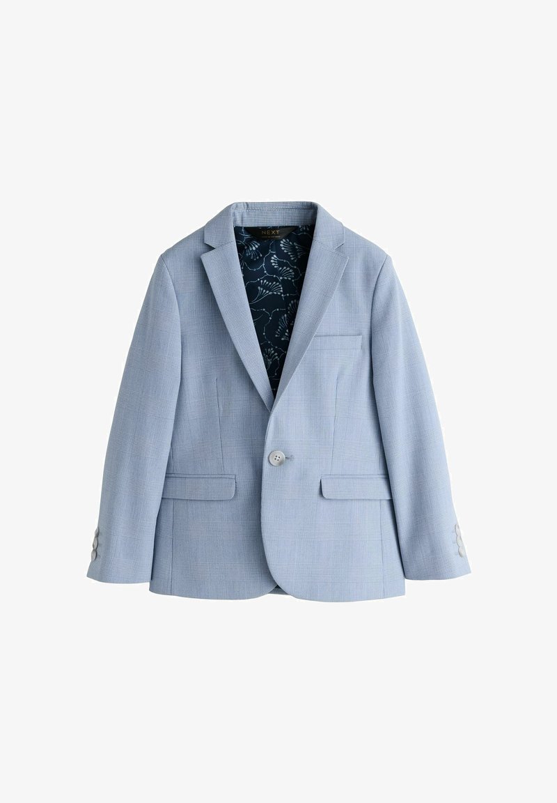 Lichtblauw colbert met één knoop en een subtiel ruitpatroon, voorzien van ingesneden revers, klepzakken en een donker bloemenmotief aan de binnenkant.