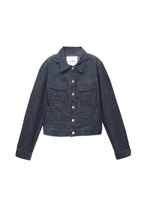 Jachetă din denim închis, cu guler, închidere prin butoane pe față și două buzunare pe piept. Prezentă un design scurt, cu detalii cusute subtile.