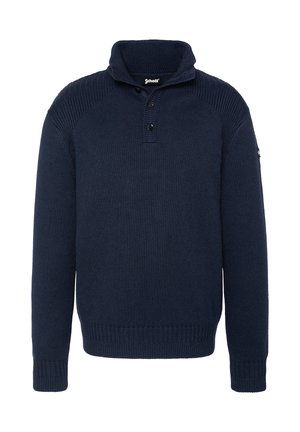 Suéter de punto azul marino con cuello doblado, placket de tres botones y puños y dobladillo acanalados. Presenta una tela texturizada y un diseño limpio.