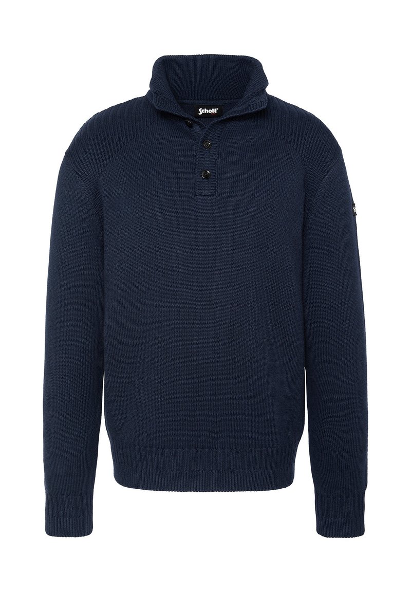 Dunkelblauer gestrickter Pullover mit umgeschlagenem Kragen, kurzer Knopfleiste mit drei Knöpfen und gerippten Bündchen und Saum. Verfügt über einen strukturierten Stoff und ein schlichtes Design.