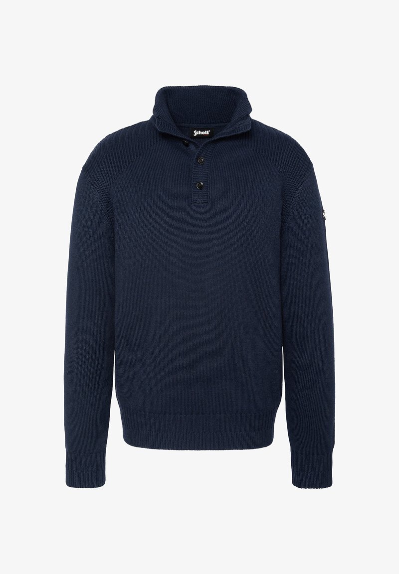 Pull en maille bleu marine avec un col rabattu, une patte de boutonnage à trois boutons et des poignets et un ourlet côtelés. Se distingue par un tissu texturé et un design épuré.