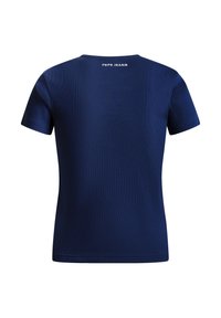 Camiseta de manga corta azul marino hecha de tela acanalada, con cuello redondo y texto "PEPE JEANS" en blanco en la parte de atrás.