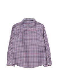 Camicia a maniche lunghe con un motivo a quadri in rosso, bianco e blu. Presenta un colletto e polsini con bottone, realizzata in un tessuto leggero e testurizzato.