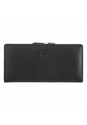 Black leather wallet with a smooth texture, rectangular shape, and a clasp closure. Features a debossed logo on the front.