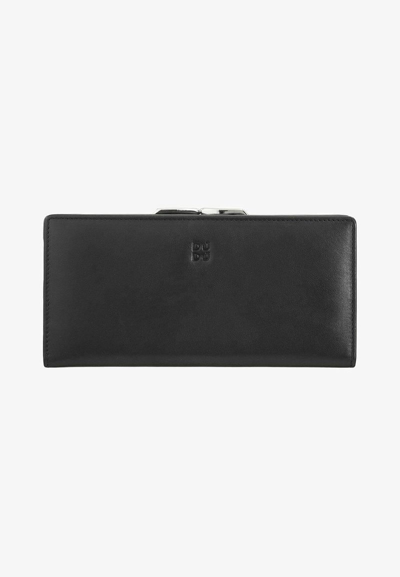 Black leather wallet with a smooth texture, rectangular shape, and a clasp closure. Features a debossed logo on the front.
