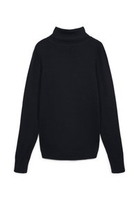 Maglione nero a collo alto con maniche lunghe, realizzato in un tessuto morbido, con dettagli a coste sul colletto e sui polsini, e un design semplice e aderente.