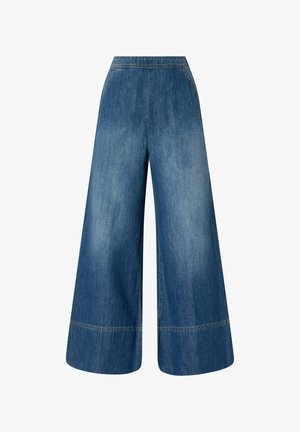 Pantalones vaqueros de pierna ancha en un degradado de azul claro a oscuro, con una cinturilla elástica, bolsillos laterales y costuras en contraste en el dobladillo.