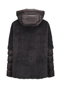 Schwarzer Kunstpelzmantel mit einer strukturierten, samtigen Außenseite und einer glänzenden Steppjacken-Haube. Verfügt über eine lockere Passform und lange Ärmel.