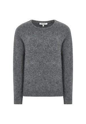 Siv sweater iz mehkega, teksturiranega blaga; ima okroglo ovratnico in dolge rokave, z rebrastim robom in zapestji.