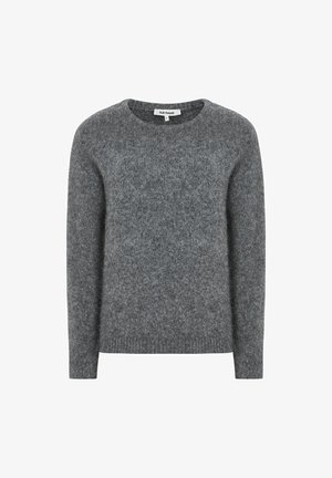 Grey sweater made of soft, textured fabric; features a round neckline and long sleeves, with a ribbed hem and cuffs.
