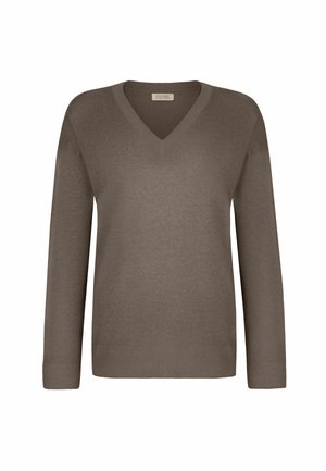 Brun v-ringad tröja i mjukt material, med långa  ärmar och ribbad nederkant. En enkel, klassisk design med en slät yta.