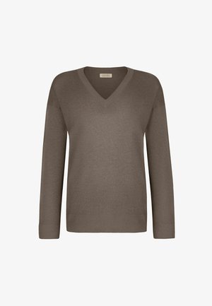 Brauner V-Ausschnitt-Pullover aus weichem Stoff, mit langen Ärmeln und geripptem Saum. Einfaches, klassisches Design mit glatter Textur.