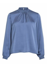 Blaue Satinbluse mit langen Ärmeln, gerafftem hohen Kragen und gesmockten Manschetten. Glatte Textur und lockerer Schnitt, geeignet für lässige oder formelle Anlässe.