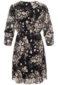 Črna prosojna obleka z dolgimi rokavi z bež cvetličnim potiskom, elastičnim pasom in volanastim robom, prikazana od zadaj.