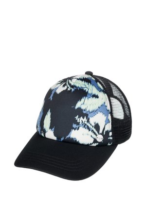 Black baseball cap with blue and white floral pattern on front panels and black mesh back panels.