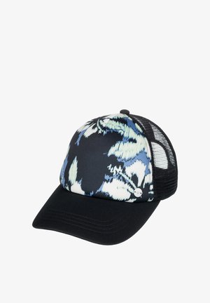 Black baseball cap with blue and white floral pattern on front panels and black mesh back panels.