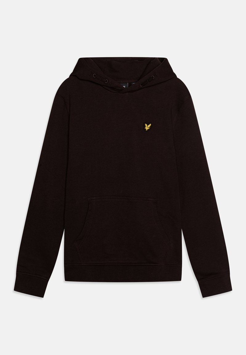 Sweat à capuche noir à manches longues avec poche kangourou à l'avant, capuche ajustable avec cordon, et petit logo brodé d'un oiseau jaune sur la poitrine.