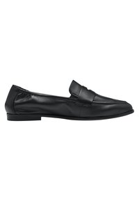 Black leather loafers with a rounded toe, featuring a horizontal strip accent on the front, flat sole, and smooth texture.