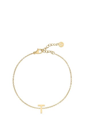 Armband in Goldton mit einer feinen Kette und einem minimalistischen 'T'-Charm. Karabinerverschluss mit verstellbarer Länge und kleinem Akzentanhänger.