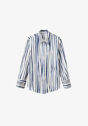 Camicia a bottoni a righe bianca e blu navy, con linee verticali, colletto classico e polsini a righe a contrasto. Tessuto liscio.